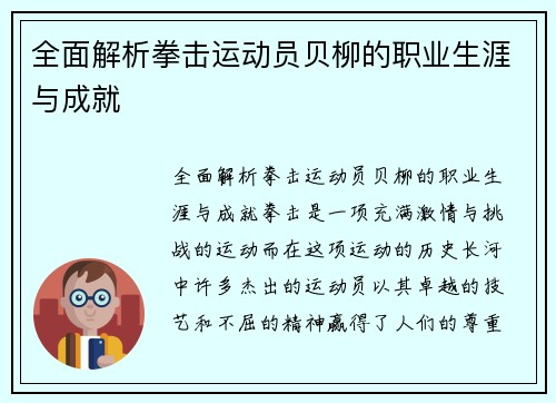 全面解析拳击运动员贝柳的职业生涯与成就